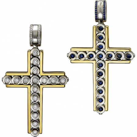 Крестик с сапфирами и бриллиантами из комбинированного золота 750 пробы (арт. 854479)