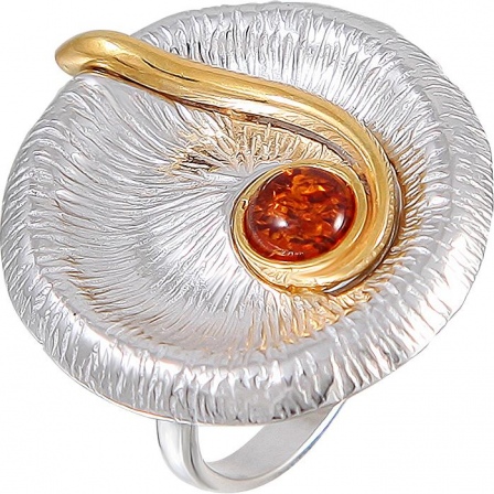 Кольцо с 1 янтарем из серебра с позолотой (арт. 861451)