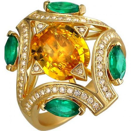 Кольцо с сапфиром, изумрудами и бриллиантами из жёлтого золота 750 пробы (арт. 867199)