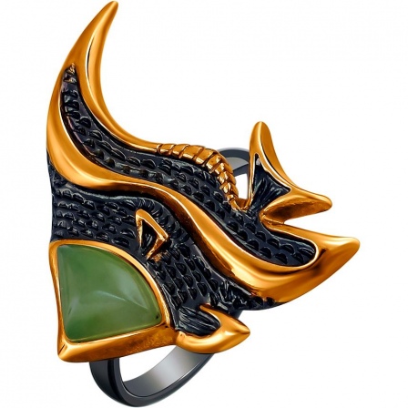 Кольцо "Рыбка" с нефритами из чернёного серебра с позолотой (арт. 868416)