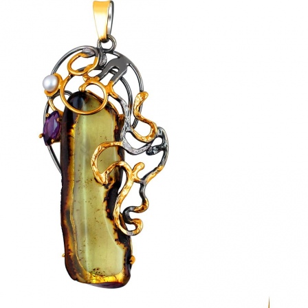 Подвеска с жемчугом, янтарем и фианитами из чернёного серебра с позолотой (арт. 870748)