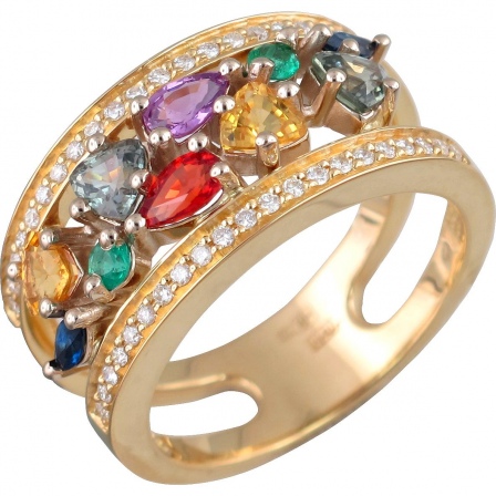 Кольцо с сапфирами, бриллиантами и изумрудами из комбинированного золота (арт. 870933)