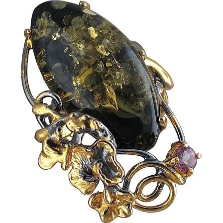 Кольцо с янтарем и фианитами из чернёного серебра с позолотой (арт. 871265)