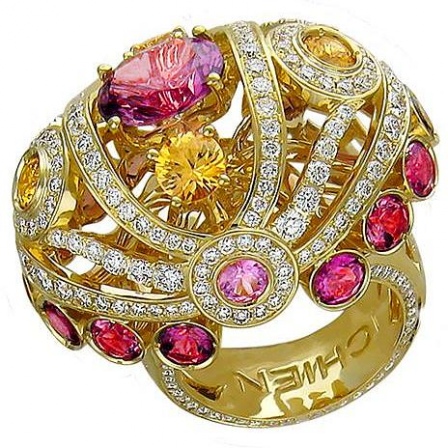 Кольцо с россыпью цветных и драгоценных камней из жёлтого золота 750 пробы (арт. 872070)