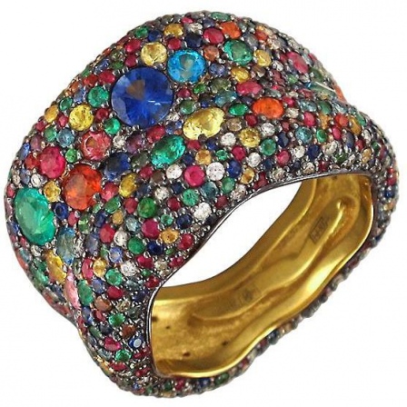Кольцо с россыпью цветных и драгоценных камней из жёлтого золота 750 пробы (арт. 872836)