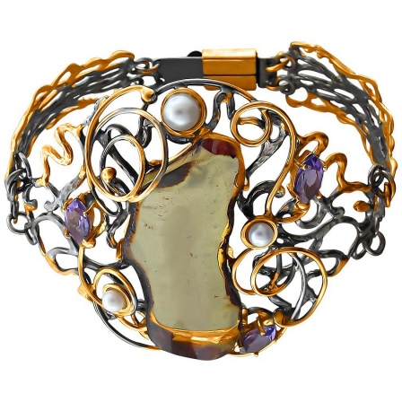 Браслет с жемчугом, янтарем и фианитами из чернёного серебра с позолотой (арт. 875723)