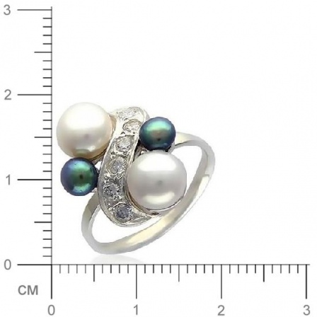 Кольцо с черным и белым жемчугом, фианитами из серебра 925 пробы (арт. 355854)