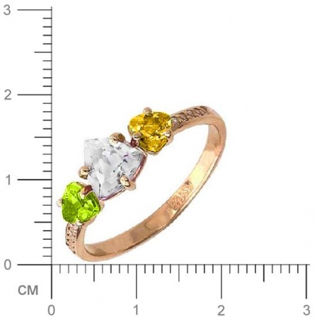 Кольцо с 10 фианитами, 1 хризолитом, 2 цитринами из красного золота  (арт. 363796)
