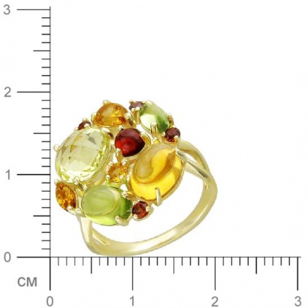 Кольцо с гранатом, кварцем, хризолитом, цитрином из желтого золота (арт. 367372)