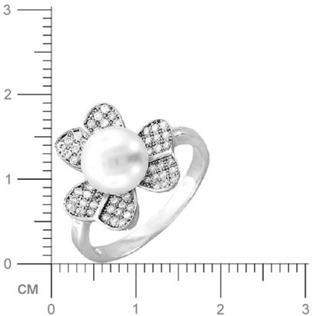 Кольцо Цветок с жемчугом, фианитами из серебра (арт. 383083)