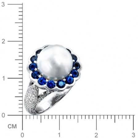 Кольцо с бриллиантами, жемчугом, сапфирами из белого золота 750 пробы (арт. 421233)