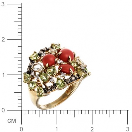 Кольцо с бриллиантами, аметистами, кораллами, перидотами из желтого золота (арт. 730454)