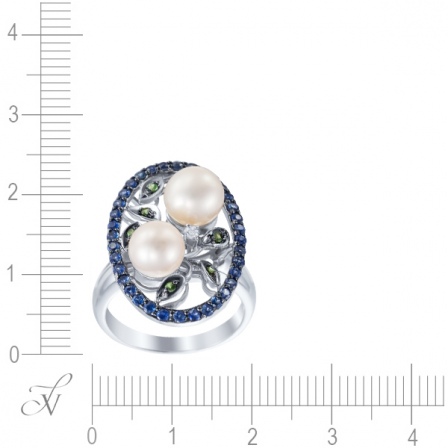Кольцо с сапфирами, бриллиантом и жемчугом из белого золота (арт. 738282)