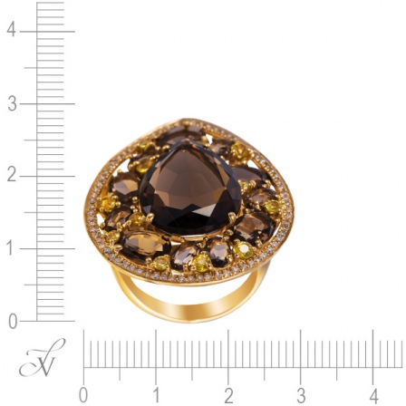 Кольцо с раухтопазами, сапфирами и бриллиантами из жёлтого золота (арт. 749938)