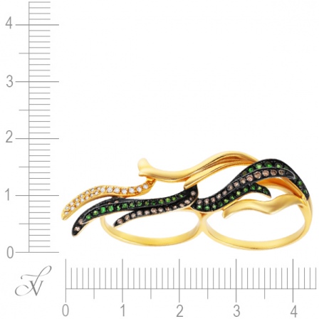 Кольцо на два пальца с бриллиантами и цаворитами из жёлтого золота (арт. 757049)