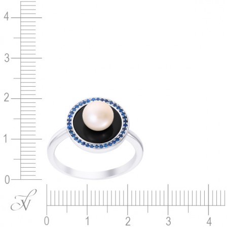 Кольцо с жемчугом, ониксами и фианитами из серебра (арт. 767878)