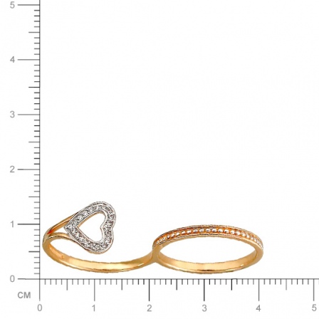 Кольцо на два пальца Сердце с фианитами из красного золота (арт. 823035)