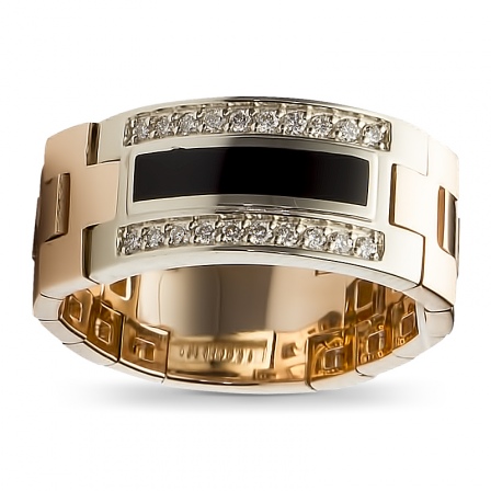 Кольцо Звенья цепи с 20 бриллиантами, 1 ониксом из комбинированного золота  (арт. 302176)