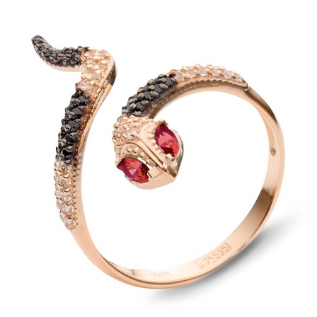 Кольцо безразмерное Змейка с гранатами, фианитами из красного золота (арт. 830353)
