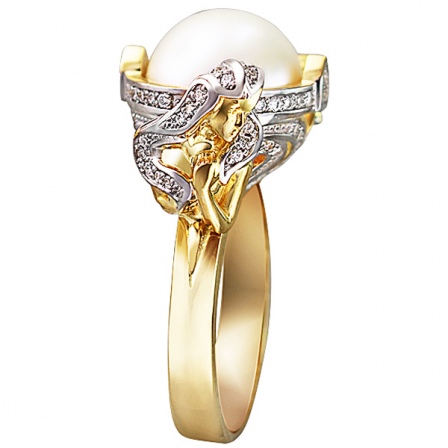 Кольцо Девушка с жемчугом и бриллиантами из жёлтого золота 750 пробы (арт. 840247)