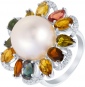Кольцо с турмалинами, бриллиантами и жемчугом из белого золота