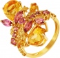Кольцо с цитринами, родолитами и сапфирами из жёлтого золота