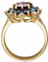 Кольцо с родолитом, сапфирами и бриллиантами из жёлтого золота 750 пробы