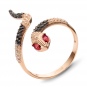 Кольцо безразмерное Змейка с гранатами, фианитами из красного золота